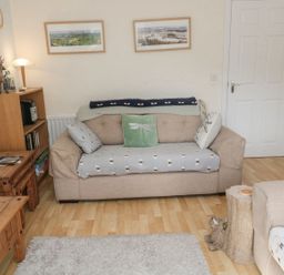 A living room with a couch and bookshelf at Ramblers Cottage in Alnwick