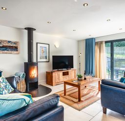A living room with a fireplace and a television at Chapel Park in Marhamchurch