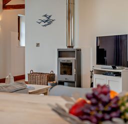 A living room with a sofa and television at Long Down Spa in Marhamchurch
