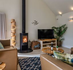 A living room with a fireplace and sofa at Nettlecoombe Spa in Marhamchurch