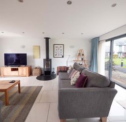 A living room with a television, sofa, and wood stove at Medlands in Marhamchurch