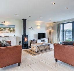 A living room with a fireplace and sofa at Moleyns in Marhamchurch