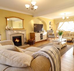 A living room with a fireplace and sofa at Llwyn Derw Talybont