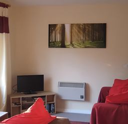A living room with a sofa and television at Satchwell Chalet in Inverness