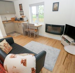 A living room with a kitchenette and seating area at Heidiaway Lodge in Gilfach Goch