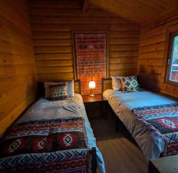 A bedroom with two beds and a lamp at Pineshadow Lodge in Louth