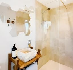 A bathroom with a shower and wash basin at Honey Bee Cottage in Welshpool