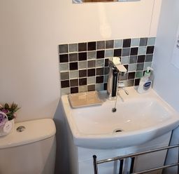 A bathroom with a toilet and sink at Shepherds hut, Dumfries