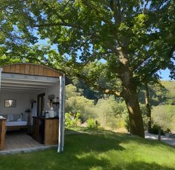 A hut with a bed and kitchenette at Trethowels Hidden Huts in St. Austell