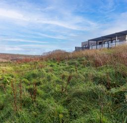 A building in a grassy area under a cloudy sky at 114 - The Residance in Redruth