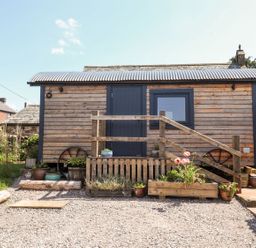 A wooden shepherd's hut with steps and plants at Dunfell Shepherd's Hut in Appleby-In-Westmorland