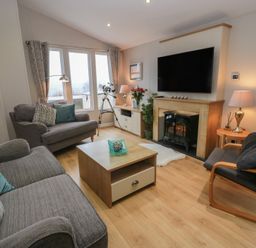 A living room with a sofa and fireplace at Serenity Lodge in Wemyss Bay