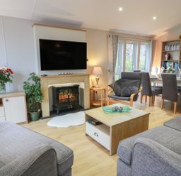 A living room with a television and fireplace at Serenity Lodge in Wemyss Bay