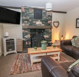 A living room with a fireplace and television at Birkbank Farm in Cockermouth