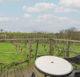 A table and chair overlooking a vineyard at Vine View near Halesworth