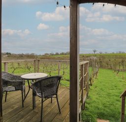 A deck with chairs and a table overlooking a vineyard at Vine View near Halesworth