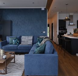 A living room with a sofa, coffee table and kitchen island at Wilde Spa (Pet) Carmarthen