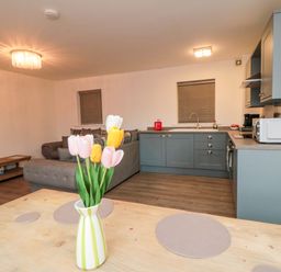 A kitchen with a dining table and sofa at Tooth Suite in Yarm