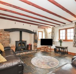 A living room with a television and a fireplace at Little Blagdon in Beaworthy