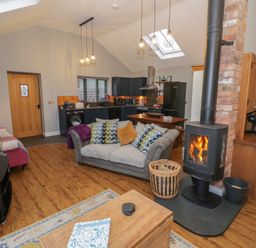 A living room with a fireplace and sofa at Otter's Rest in Droitwich