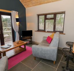A living room with a sofa and coffee table at The Barn on The Lagoon Droitwich