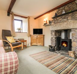 A living room with a fireplace and sofa at Applestore in Wadebridge