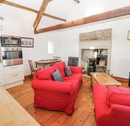 A living room with a sofa and fireplace at Dove Cottage in Hexham