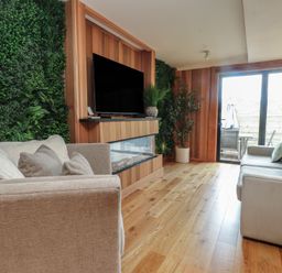 A living room with sofas and a television at Riverside Lodge in Afonwen