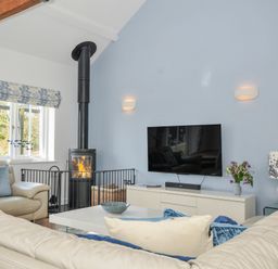 A living room with a fireplace and television at The Cowshed in Portscatho