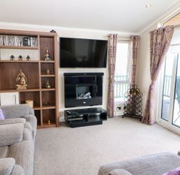 A living room with a television and DVD shelf at 37 Horizon Park Hartlepool