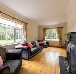 A living room with sofas and a fireplace at Ballyneill Farmhouse in Carrick-On-Suir, County Tipperary