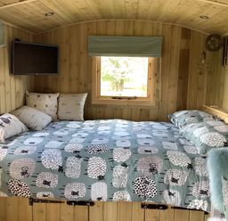 A bedroom with a bed and television at The Shepherds Hut at Hafoty Boeth in Corwen