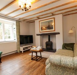 A living room with a sofa and fireplace at 3 Tre Felin in Llandygai near Bangor