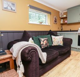 A living room with a sofa and kitchen features at Owls Nest Lodge in South Molton