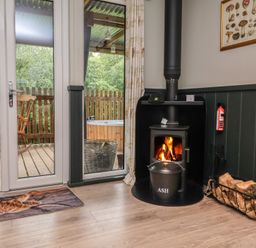 A room with a fireplace and wooden door at Robins Nest Lodge South Molton