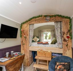 A snug with a bed framed by wood and a television at Valley View Shepherd's Hut in South Molton