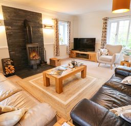 A living room with a fireplace and sofas at Stone Lodge near Haltwhistle