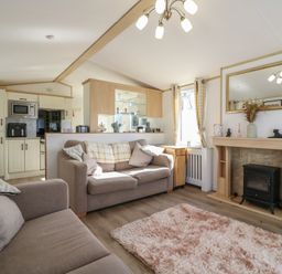 A living room with a sofa and fireplace at 2 bed Caravan in Stowmarket