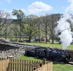 A steam train on a track with a stone wall and trees at Pandora in Holmrook