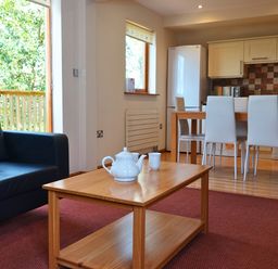 A living room with a sofa and dining area at Bracken Lodge Finlakes Holiday Park near Chudleigh