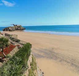 A beach view with a rock formation and plants at 3 Edward Street Tenby