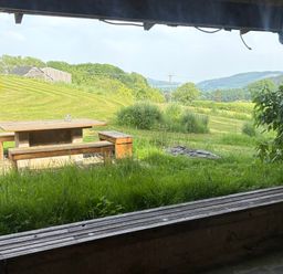 A table and benches in a grassy field at Walnut Tree Lodge WITH hot tub Presteigne