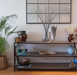 A shelf with plants and decorative items at Anchors Rest in St. Ives