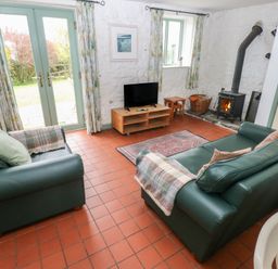 A living room with a TV and a fireplace at Swallow Cottage in Cowbridge
