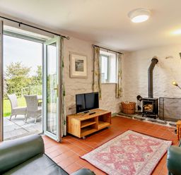 A living room with an open door and a television at Swallow Cottage near Cowbridge