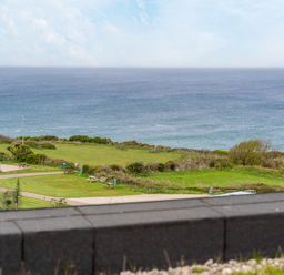 An outdoor view of the ocean with grassy area and benches at tbc in St. Ives