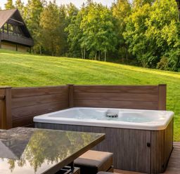 A hot tub and table on a deck at The Derwent Spa (Pet) Slaley
