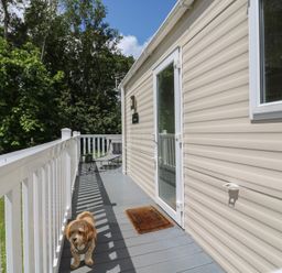 A deck with a dog and chair at Forest Retreat - FO26 in Saxmundham