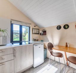 A kitchen with a microwave, refrigerator, and table at Little Linney Sleeps 2 Garden Parking Wifi, Hartland