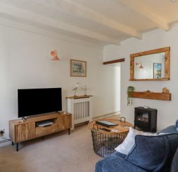 A living room with a television and decorative items at Stones Throw in Mevagissey